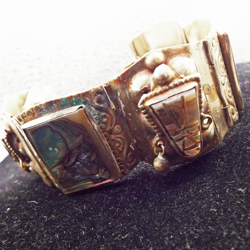 HECHO EN MEXICO - EAGLE HEAD DFS MAYAN AZTEC HEADS & INLAY ABALONE BRACELET 40A - Picture 5 of 6